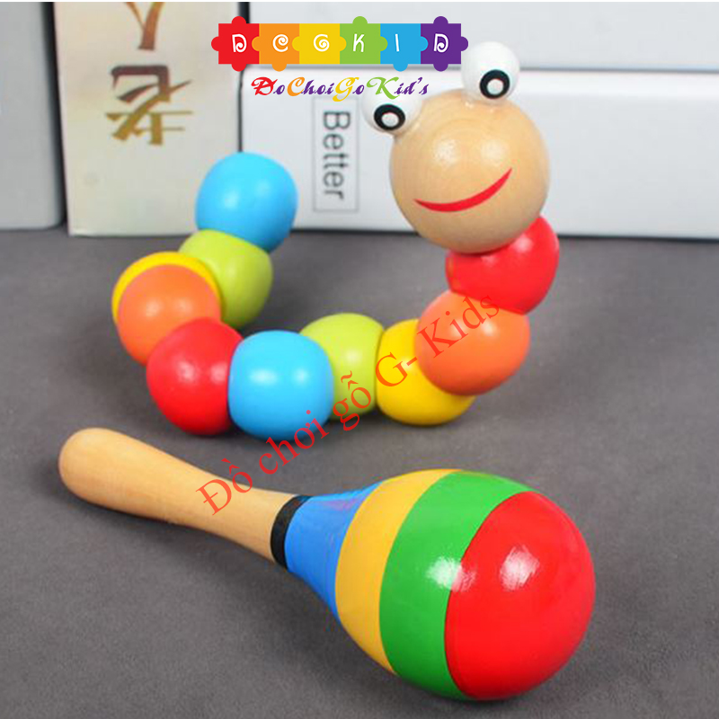 Combo 2 món đồ chơi sâu gỗ và lục lạc gỗ