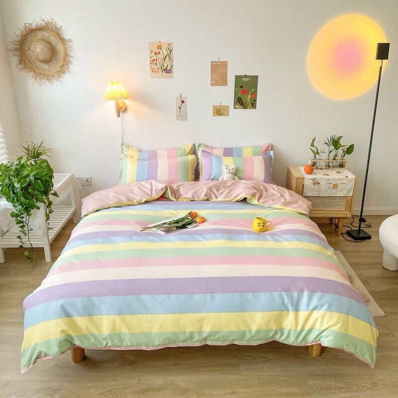 Bộ chăn ga gối cotton 3D hoạt hình 4 món mẫu 7 sắc cầu vồng EMMIBEDDING STORE