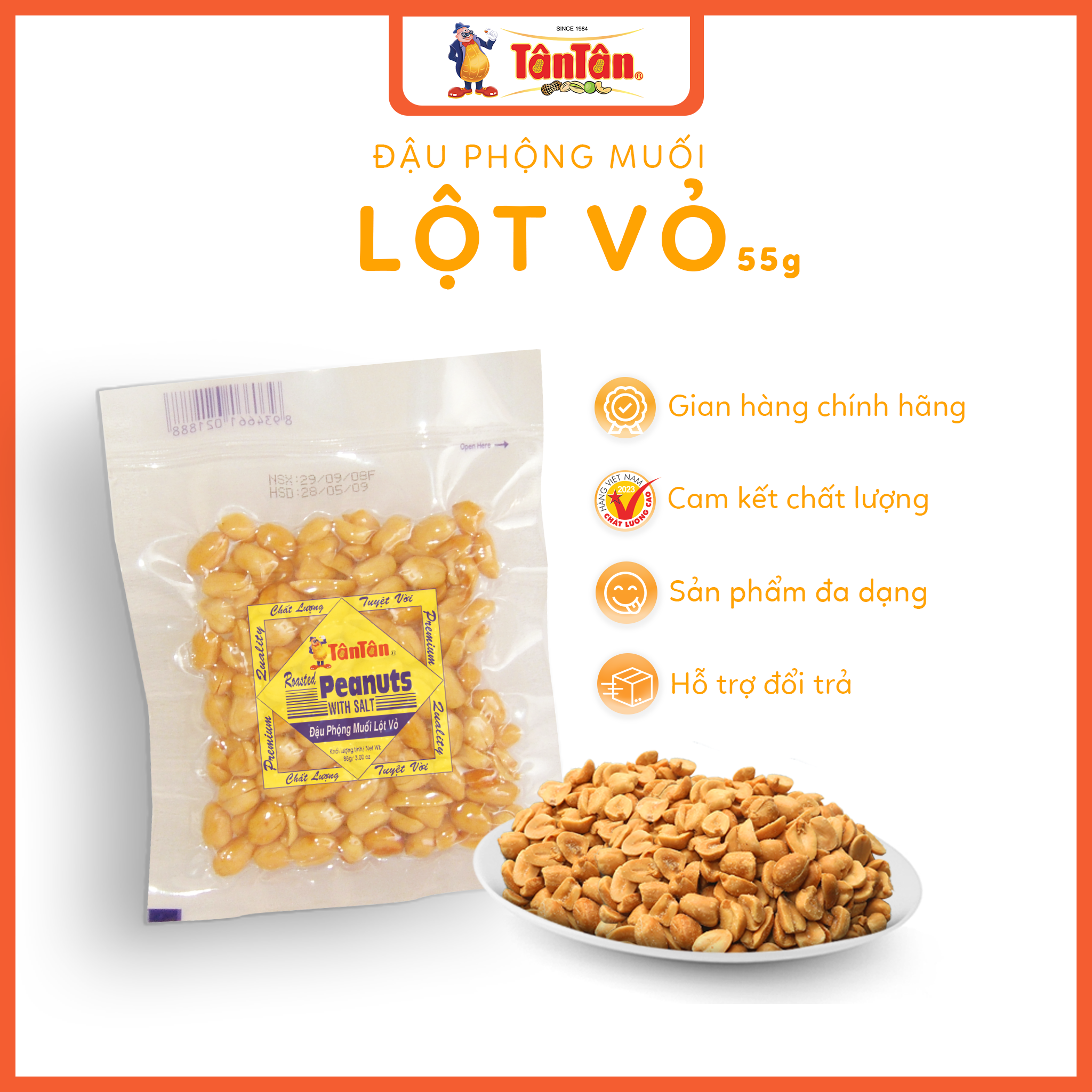 Combo 5 gói Đậu phộng muối lột vỏ Tân Tân (55g/gói)