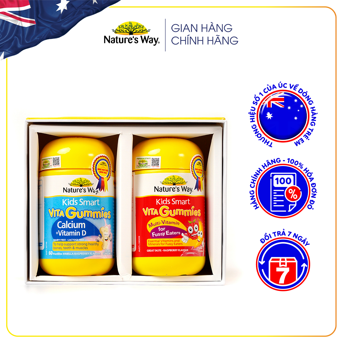 Combo 2 Kẹo Dẻo Cho Bé Natures Way Kids Smart Vita Gummies Calcium + Vitamin D Và Multi Vitamin for Fussy Eaters