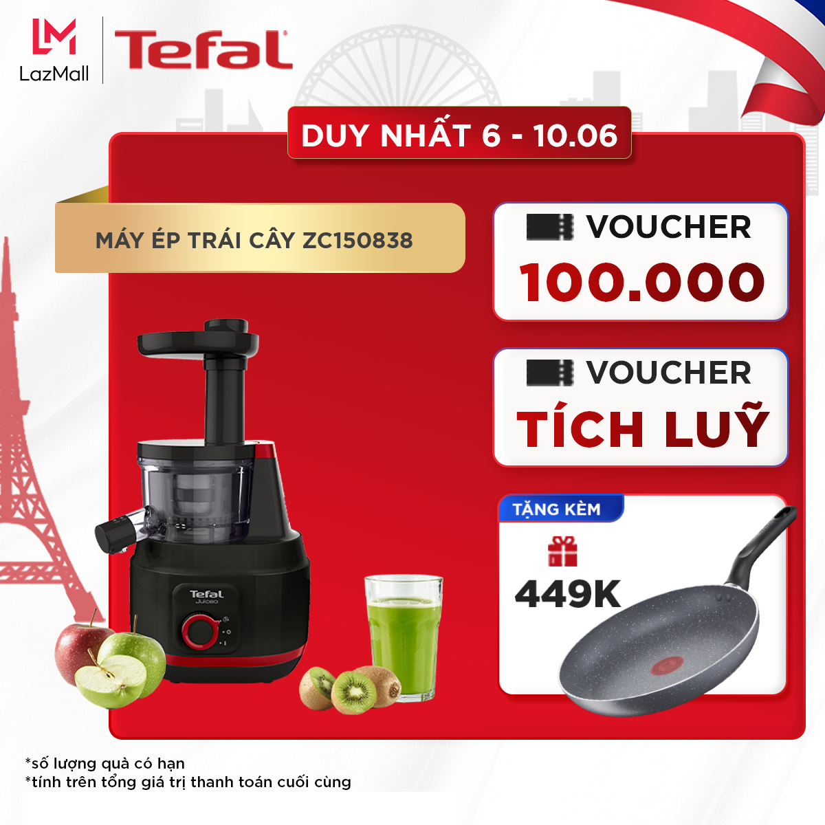 Máy ép chậm trái cây TEFAL ZC150838, công nghệ ép lạnh, ép êm, hàng chính hãng bảo hành 2 năm