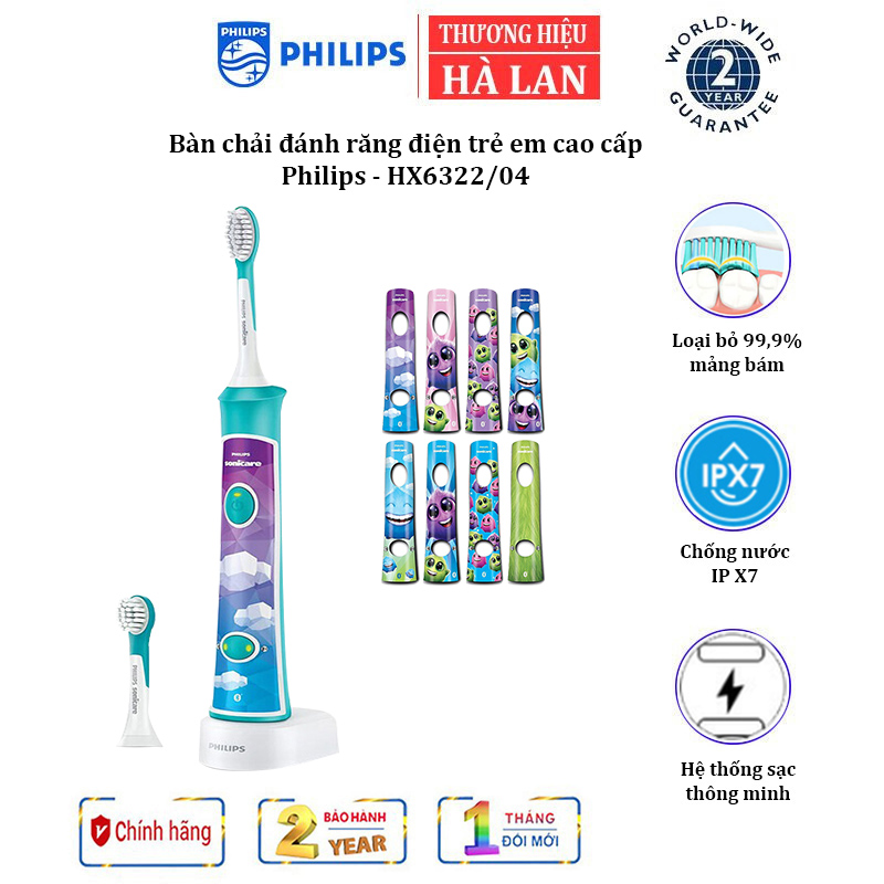 [ BẢO HÀNH 24 THÁNG] Bàn chải đánh răng điện trẻ em nhãn hiệu Philips Sonicare For Kids  HX6322/04