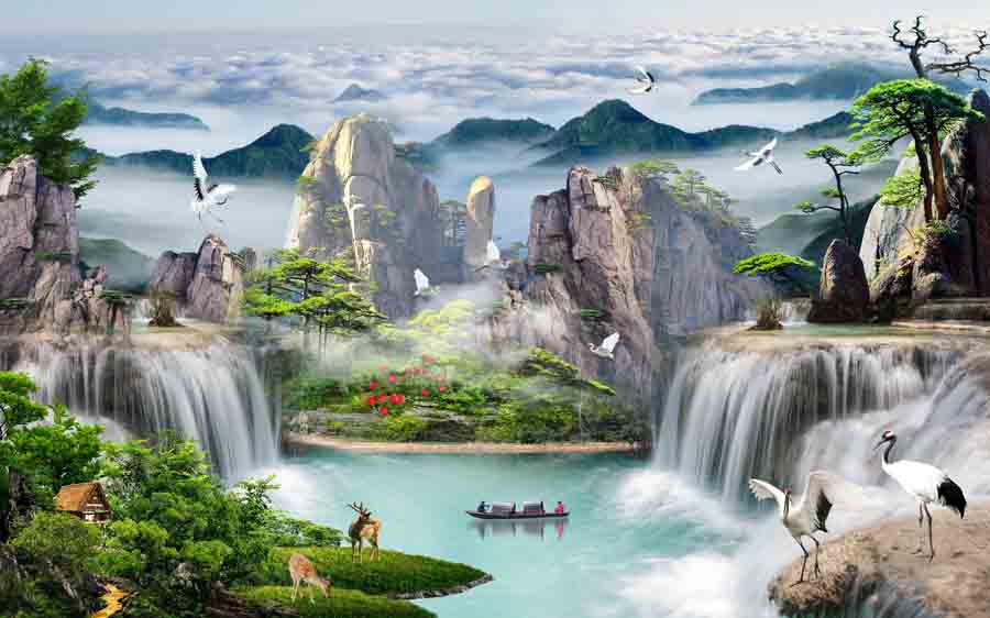 Tranh 3d sơn thủy hữu tình phòng khách