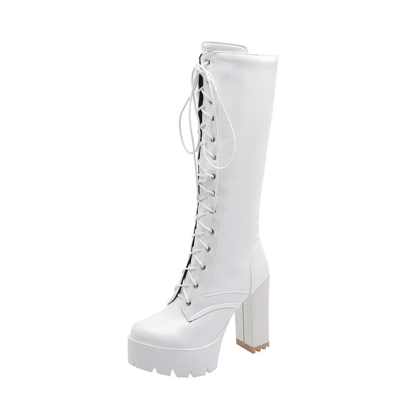 [ 2 màu ĐEN/ TRẮNG] Giày COMBAT boot CỘT DÂY dưới gối gót vuông 12cm GCC127