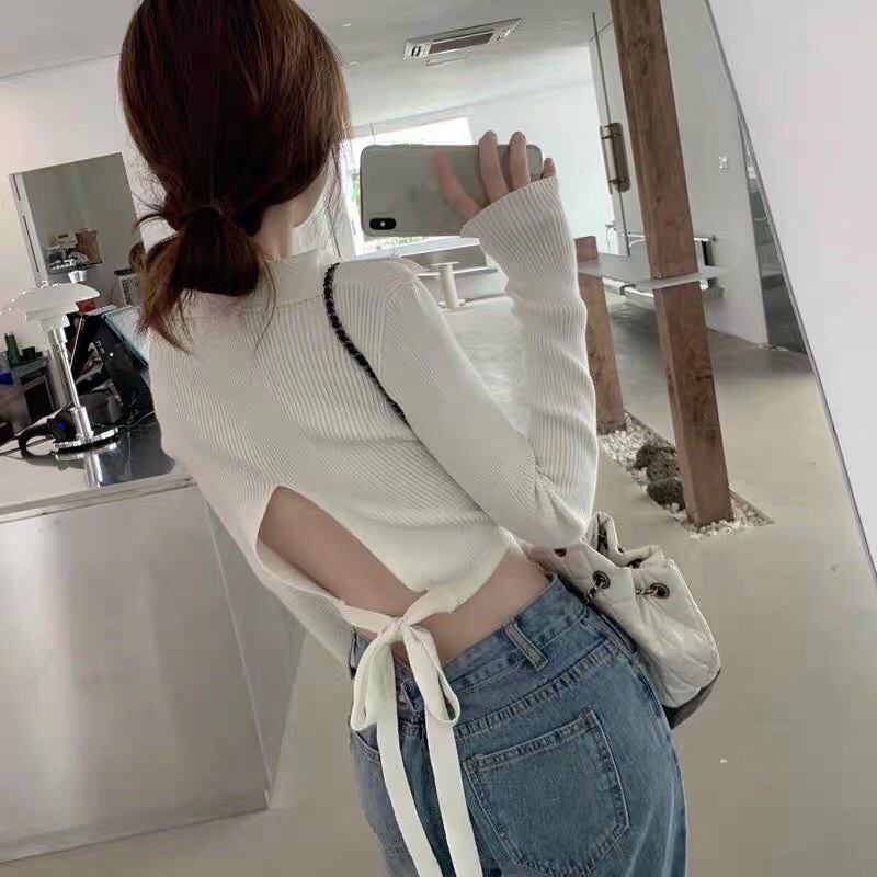 Áo gân croptop cổ bẻ phối thắt nơ lưng cực chất TTSA0809