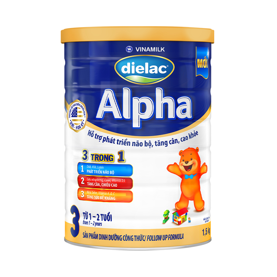 Sữa bột Vinamilk Dielac Alpha 3  - Hộp thiếc 1500gr (cho trẻ từ 1 - 2 tuổi) - Sữa công thức 3 trong 1 hỗ trợ phát triển não bộ, tăng cân chiều cao, tăng sức đề kháng
