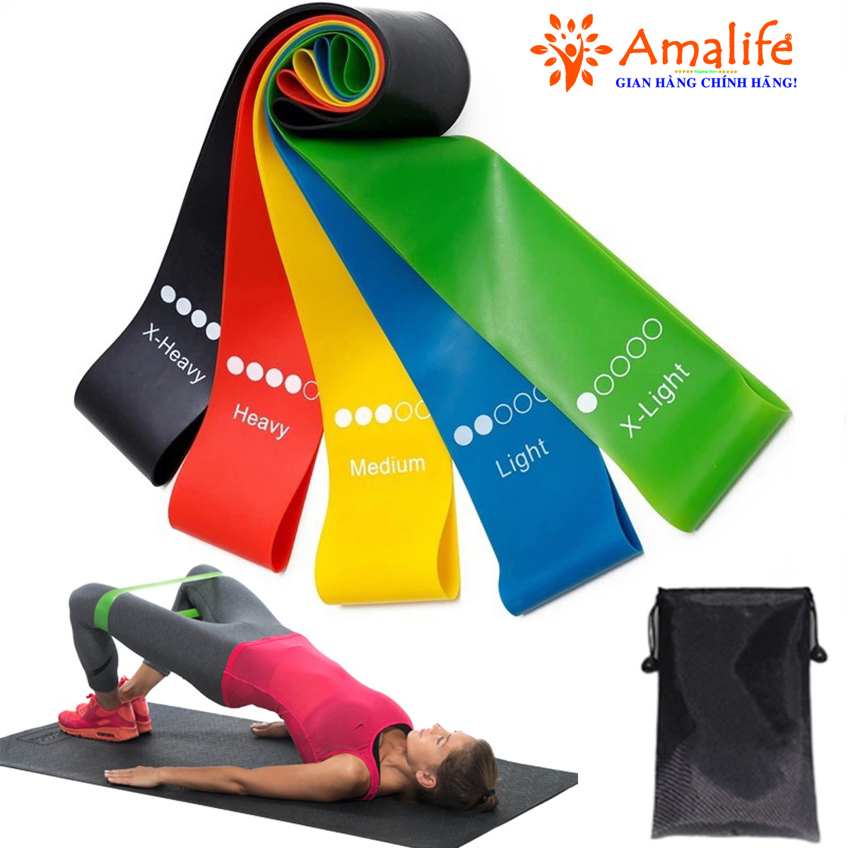Dây miniband kháng lực tập cơ mông đùi, Bộ 5 Dây Đàn Hồi, Dây Kháng Lực Tập Gym Chính Hãng Amalife