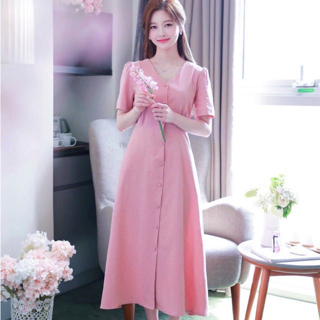 Đầm hồng nút bọc form dài