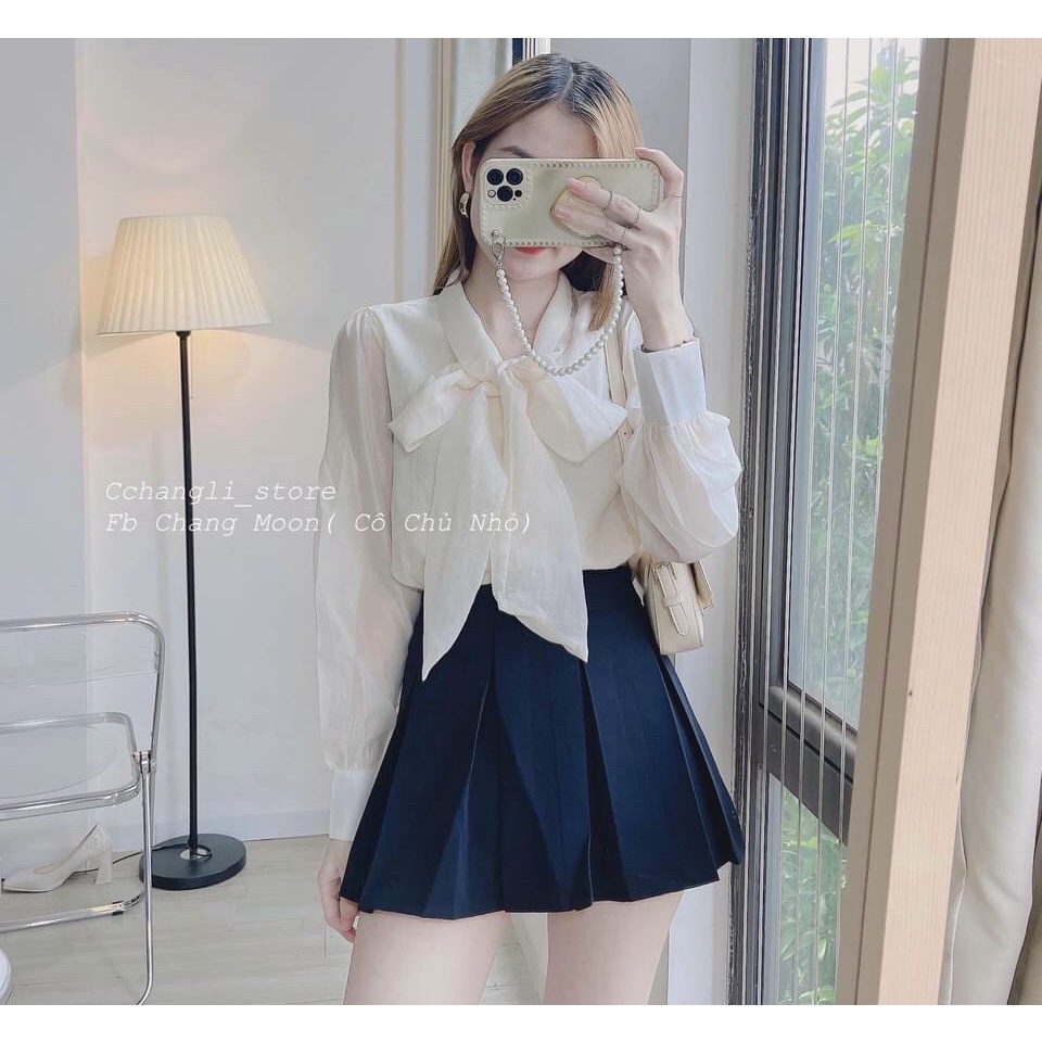 Áo sơ mi nữ cột nơ 2 màu trắng be 2 lớp