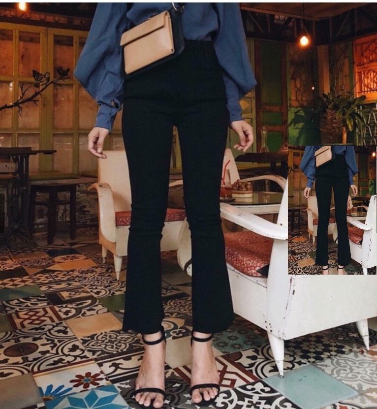 QUẦN JEAN NỮ ỐNG LOE MÀU ĐEN TUA LAI.