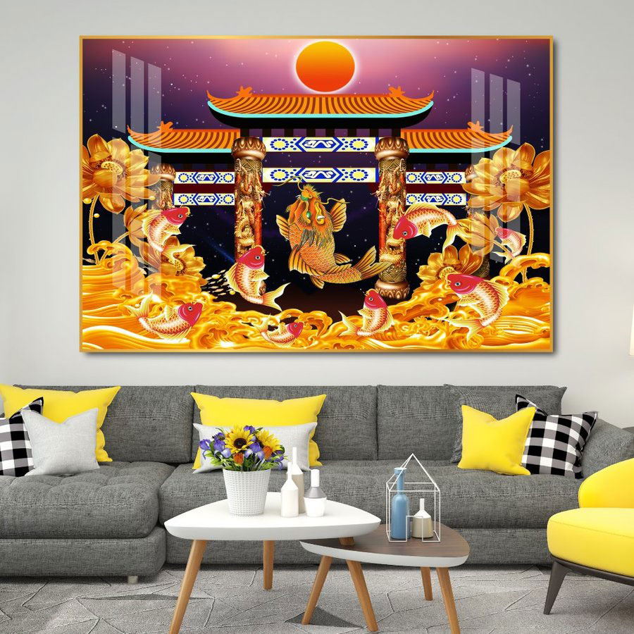 Tranh tráng gương treo tường cao cấp - cá chép vượt vũ môn