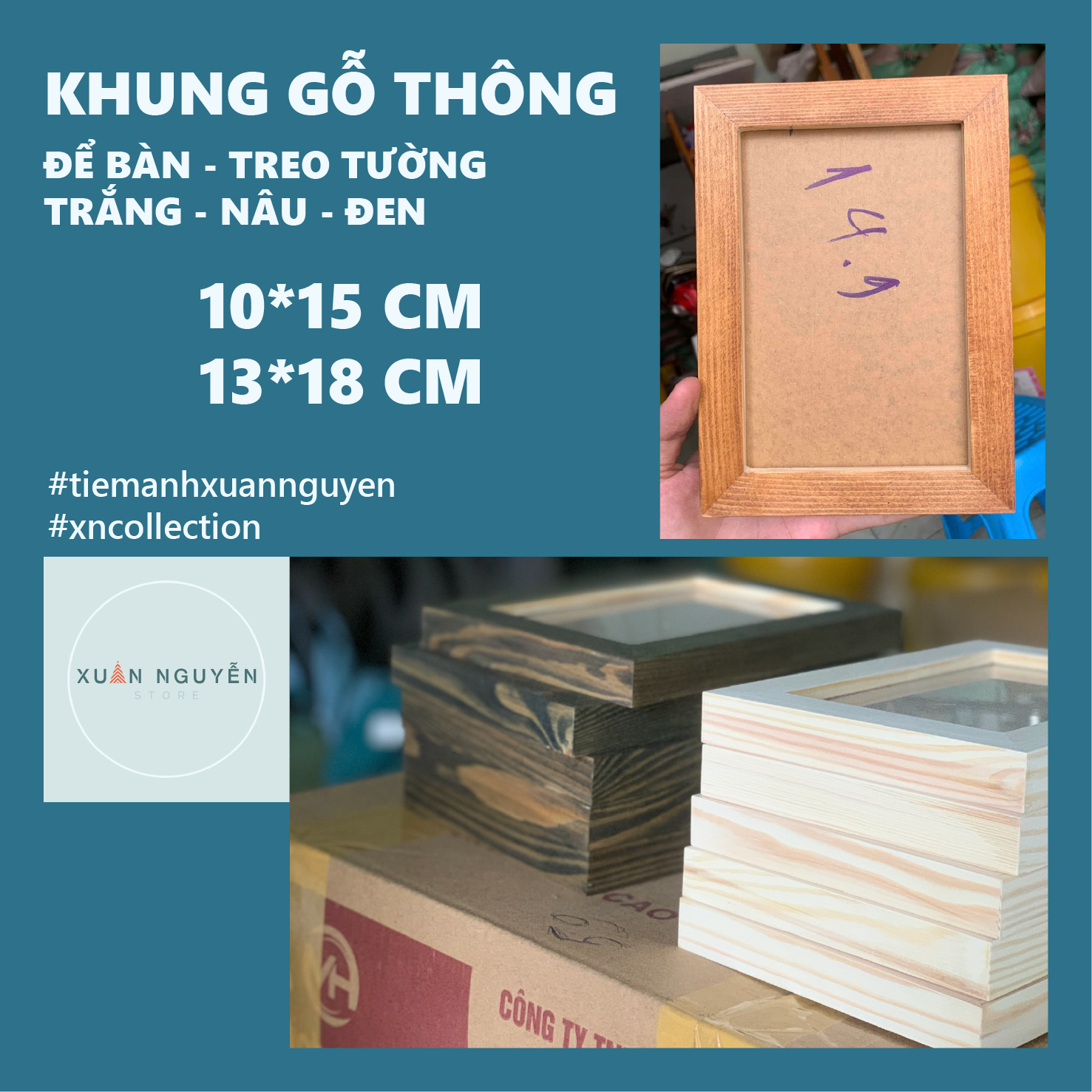 Khung hình gỗ thông 13x18 cm; 10x15 cm sơn veccni cao cấp