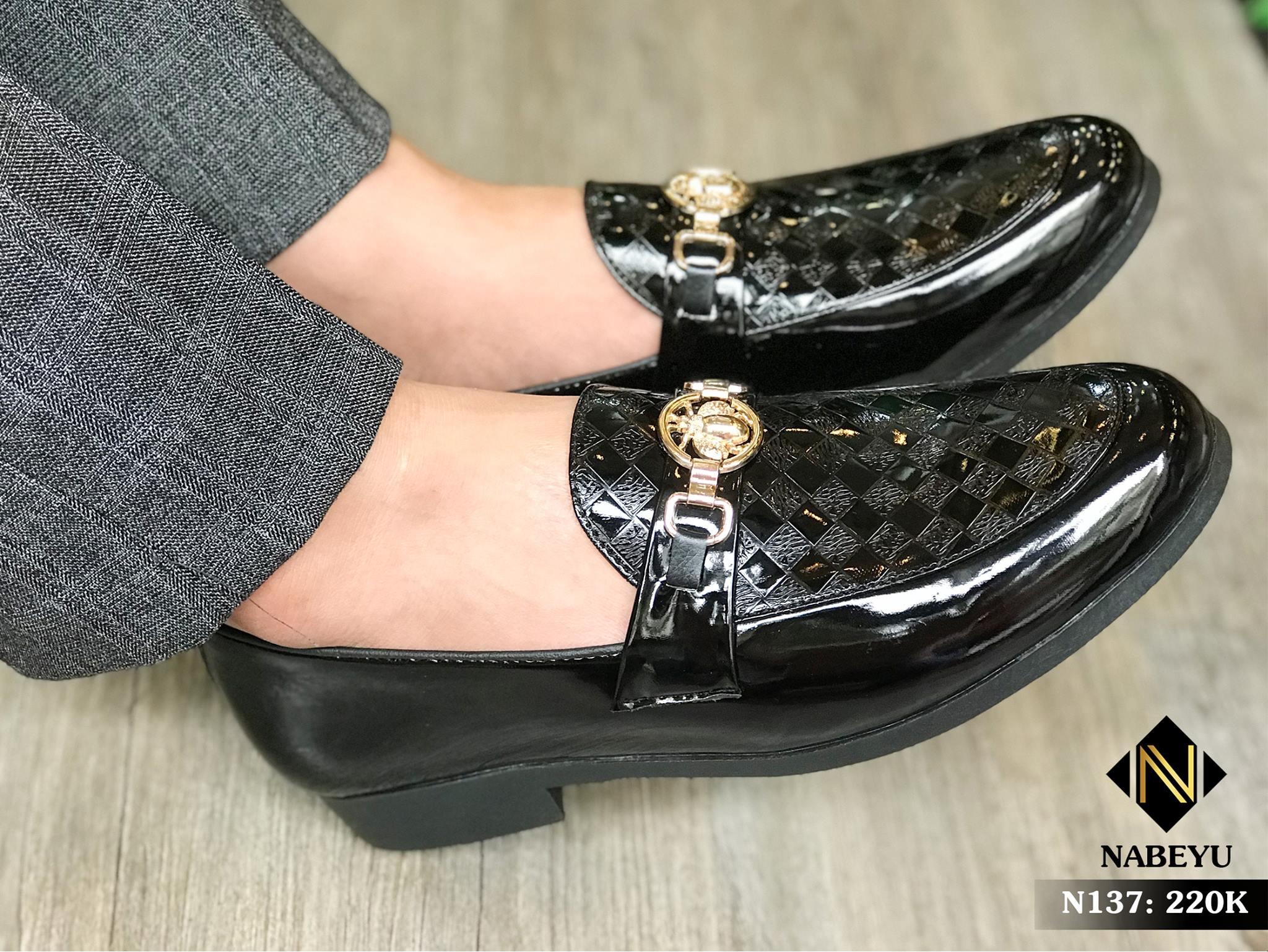 giầy tây nam đen bóng dập vân đai vàng sang trọng lịch lãm