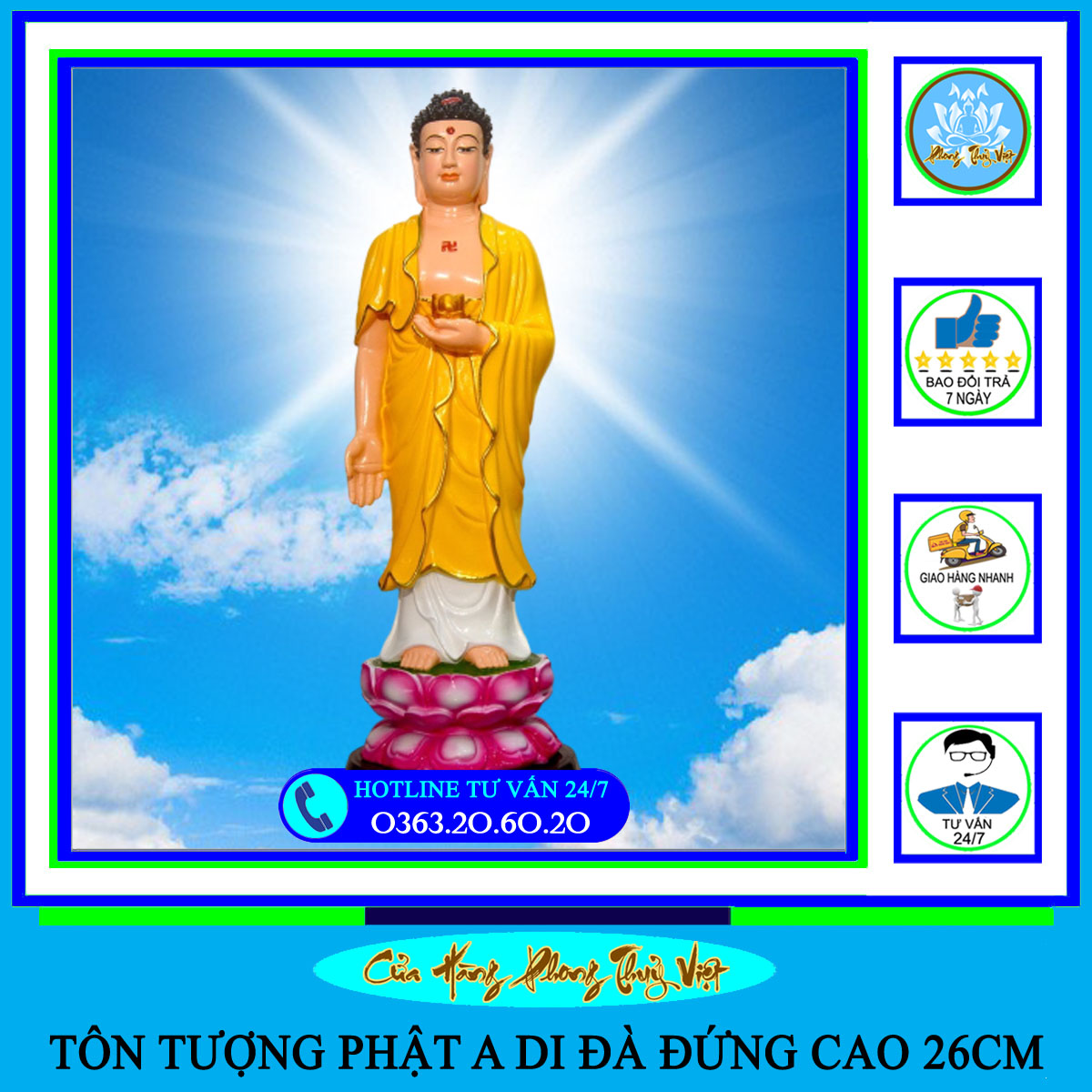 Tôn Tượng Đức Phật A Di Đà đứng cao 26cm nhiều màu