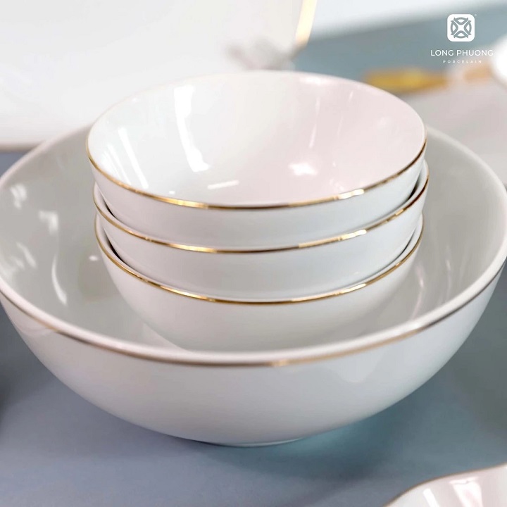 Set 6 Chén Cơm Viền Vàng Đường kính 11,2 cm Sứ Long Phương Cao Cấp