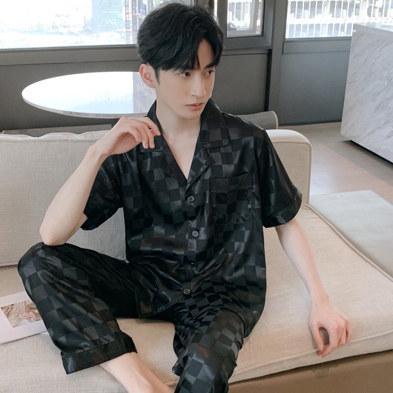 Đồ ngủ nam cao cấp pijama lụa bộ mặc nhà chất liệu lụa gấm mềm mại thoáng mát hoa văn sắc nét