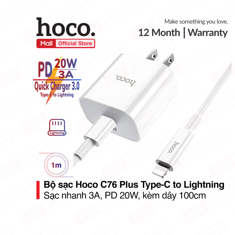 Bộ sạc nhanh Hoco C76 Plus Type-C to Lightning hỗ trợ sạc nhanh 3A PD 20W tương thích với iPhone/iPad... chân cắm US