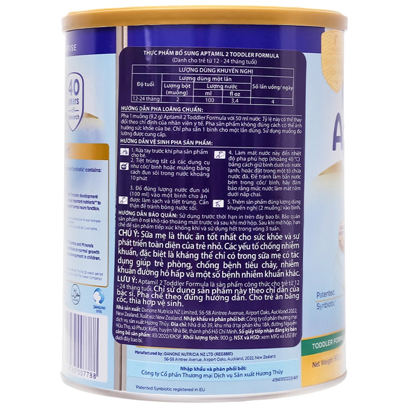 Sữa bột Aptamil Toddler Formula số 2 900g (1 - 2 tuổi)