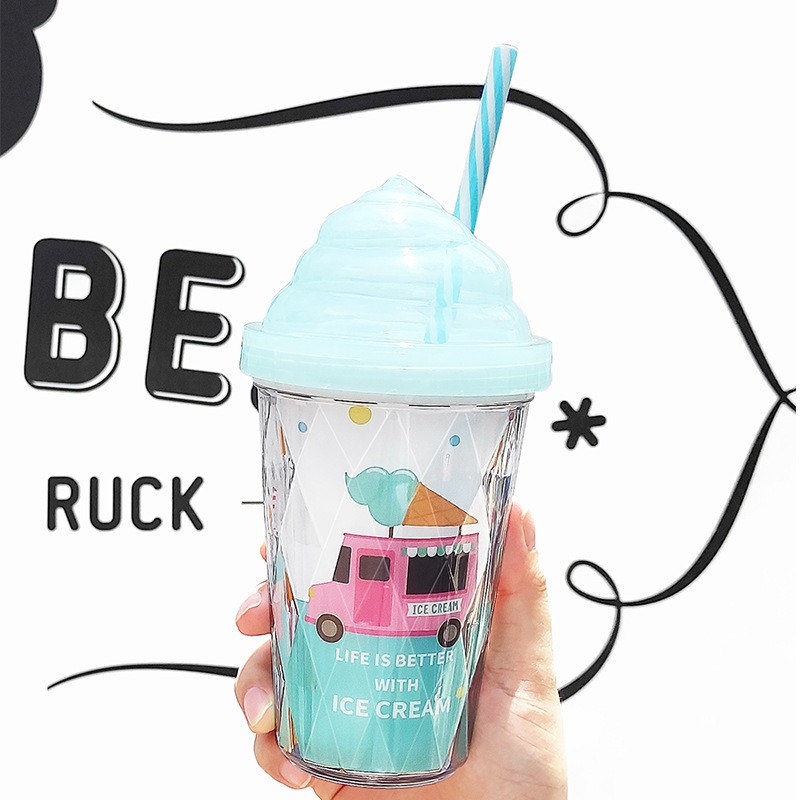 Ly uống nước giữ nhiệt ICE CREAM 320ml, cốc uống nước cho bé cute dễ thương hai lớp chống nóng cao cấp có ống hút
