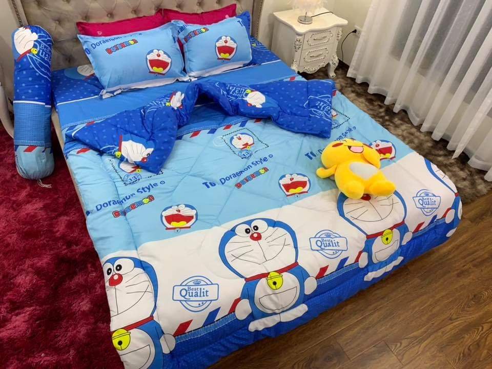 (FreeShip MAX) Bộ chăn phao ga gối cotton poly gồm 4 món mẫu doremon tem thư Kovico Kho chăn ga gối, ga giường, drap giường hà nội
