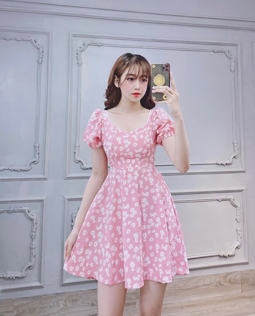 Váy Đầm Nữ Hoa Cúc Tay Phồng ( Chất Liệu Lụa ) Thời Trang Nữ KEMPK