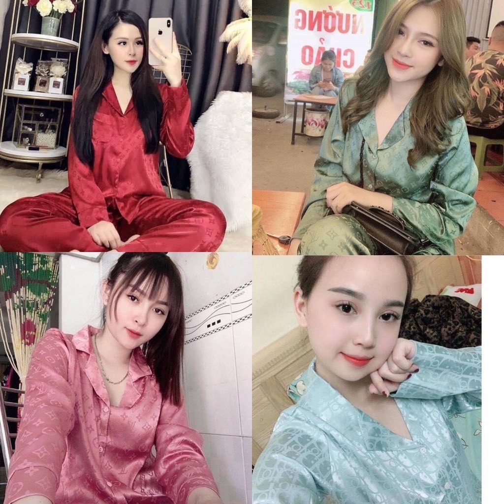 Bộ Pijama Lụa Gấm Cao Cấp Áo Tay Dài - Quần Dài