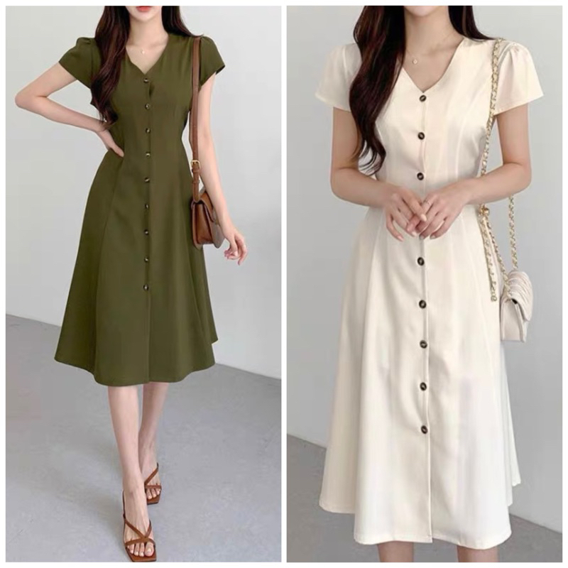 Đầm cổ V form dài thắt eo 2 màu