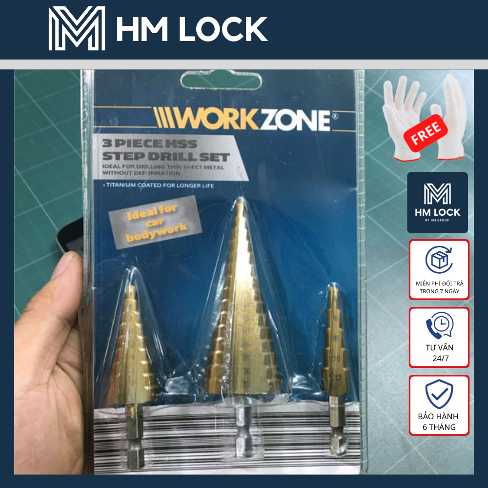 BỘ 3 MŨI KHOAN THÁP WORKZONE 4-32mm - CHUÔI TRÒN - HM LOCK