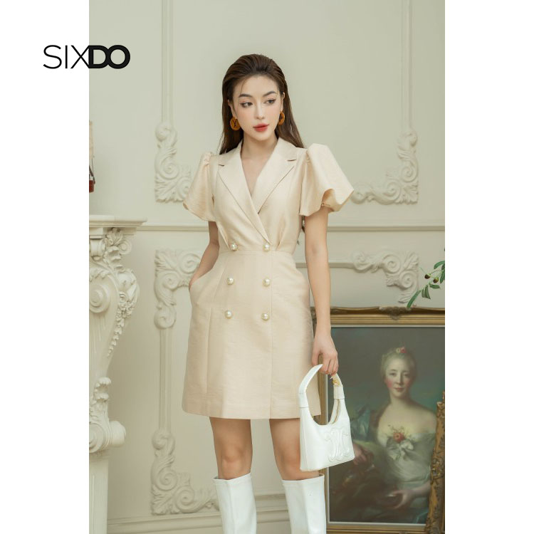 Đầm cổ vest tay bồng thời trang SIXDO (Delicate Yellow Short Sleeves Mini Taffeta Dress)