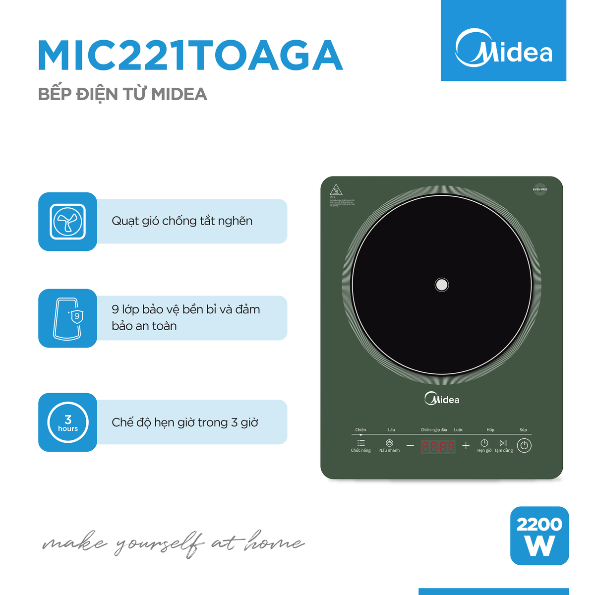 Bếp từ Midea MIC221T0AGG (Công suất 2200W, Có Chế Độ Sôi Liu Riu)