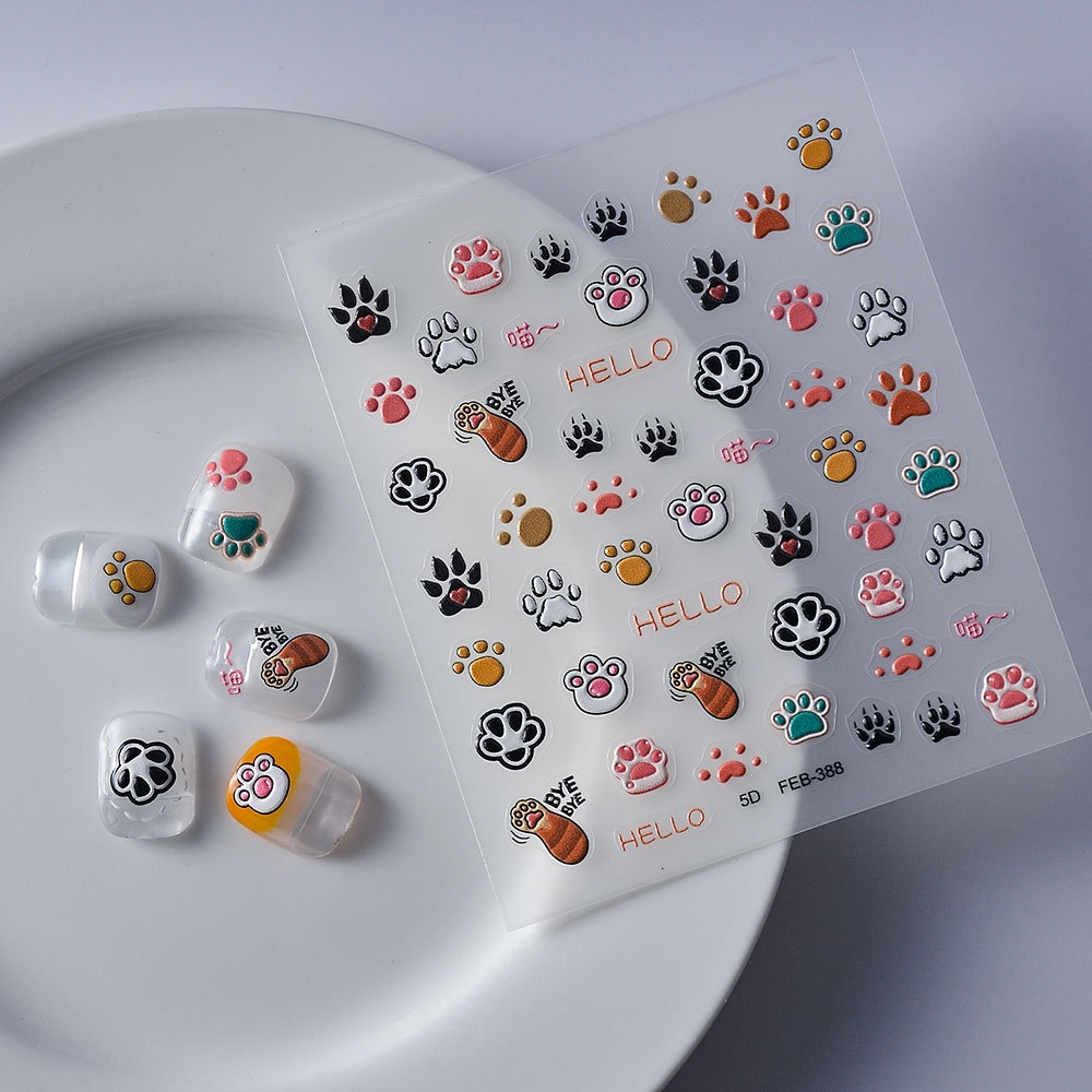 Sticker lụa nổi 5d | chân chó mèo hoạt hình | hình dán móng tay