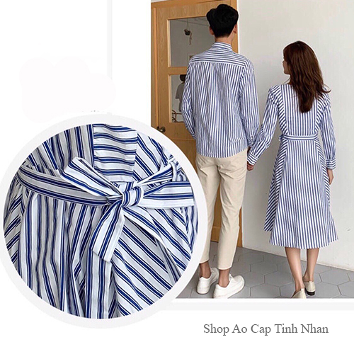 Đầm đôi somi sọc xanh trắng (giá gồm đầm nữ và áo nam)