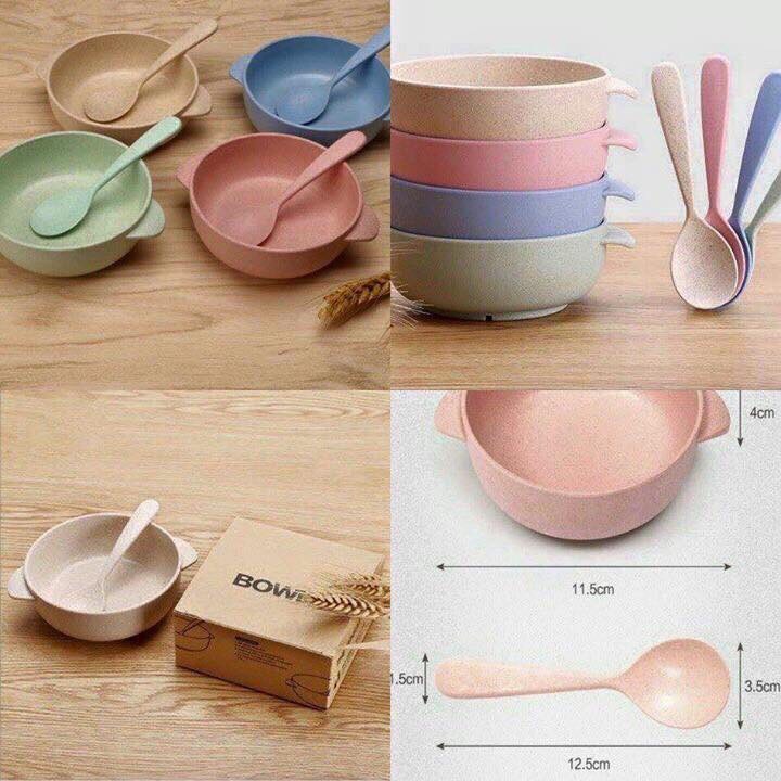 Chén Ăn Dặm Lúa Mạch Có Tay Cầm Kèm Muỗng Nhiều Màu