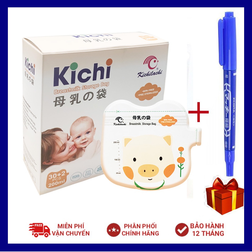 Tặng 01 bút dấu Hộp 30+2 Túi trữ sữa, đựng sữa mẹ Kichilachi 200m Free BPA
