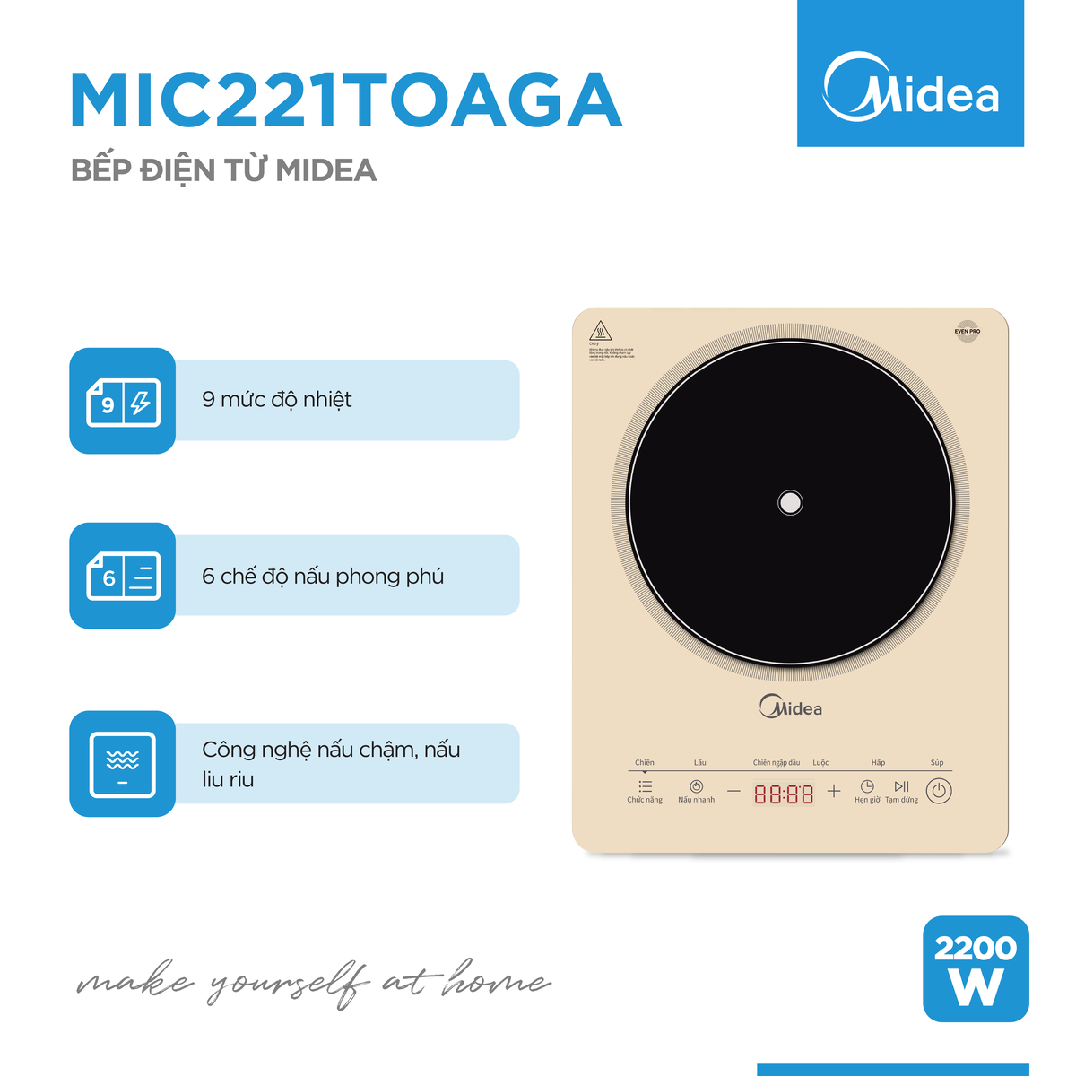 Bếp từ Midea MIC221T0AGA (Công suất 2200W, Có Chế Độ Sôi Liu Riu)