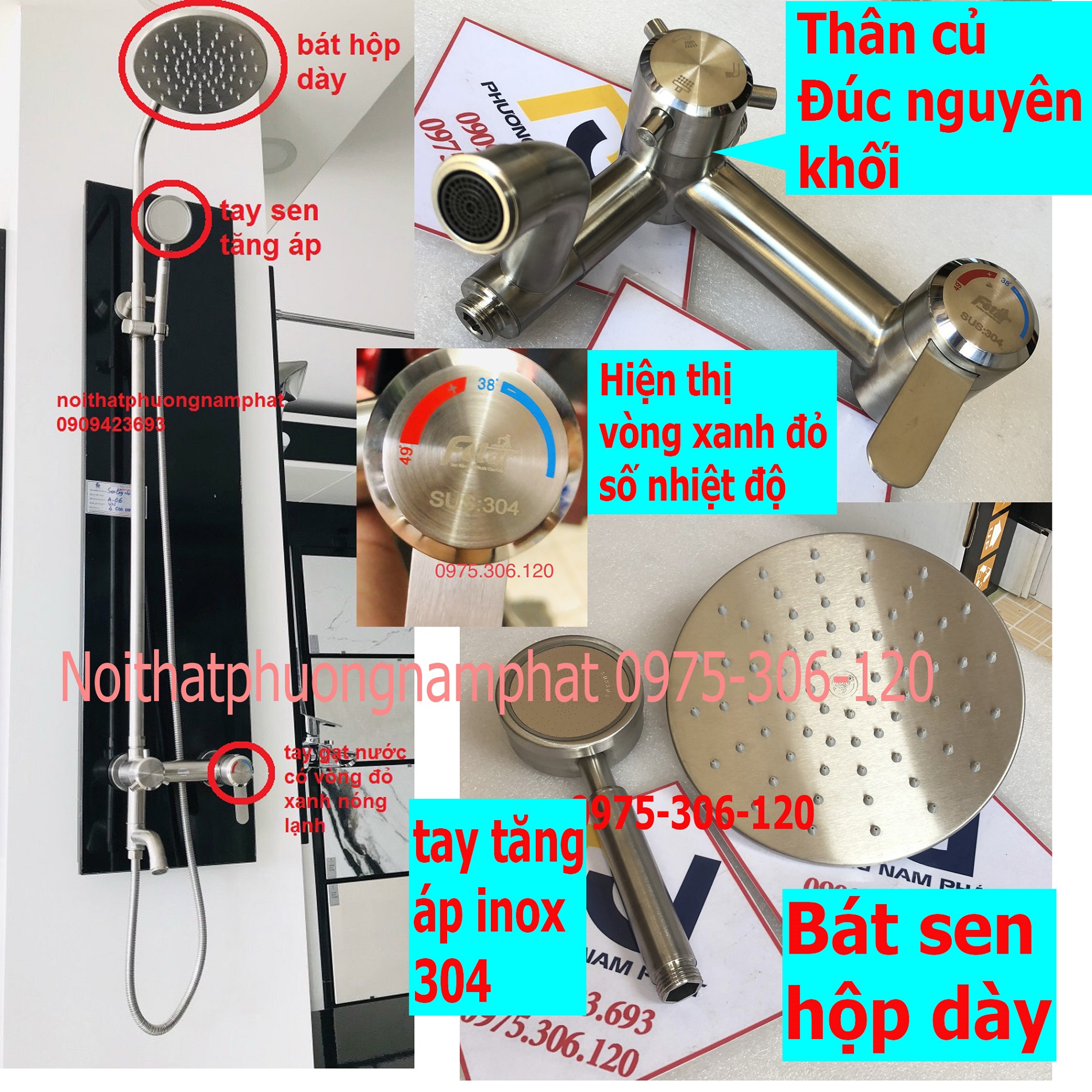 Sen cây tăng áp bộ sen cây tắm đứng nóng lạnh inox 304 n1007 fotar và tay sen tăng áp bát sen hộp dày sen cây tắm nóng lạnh