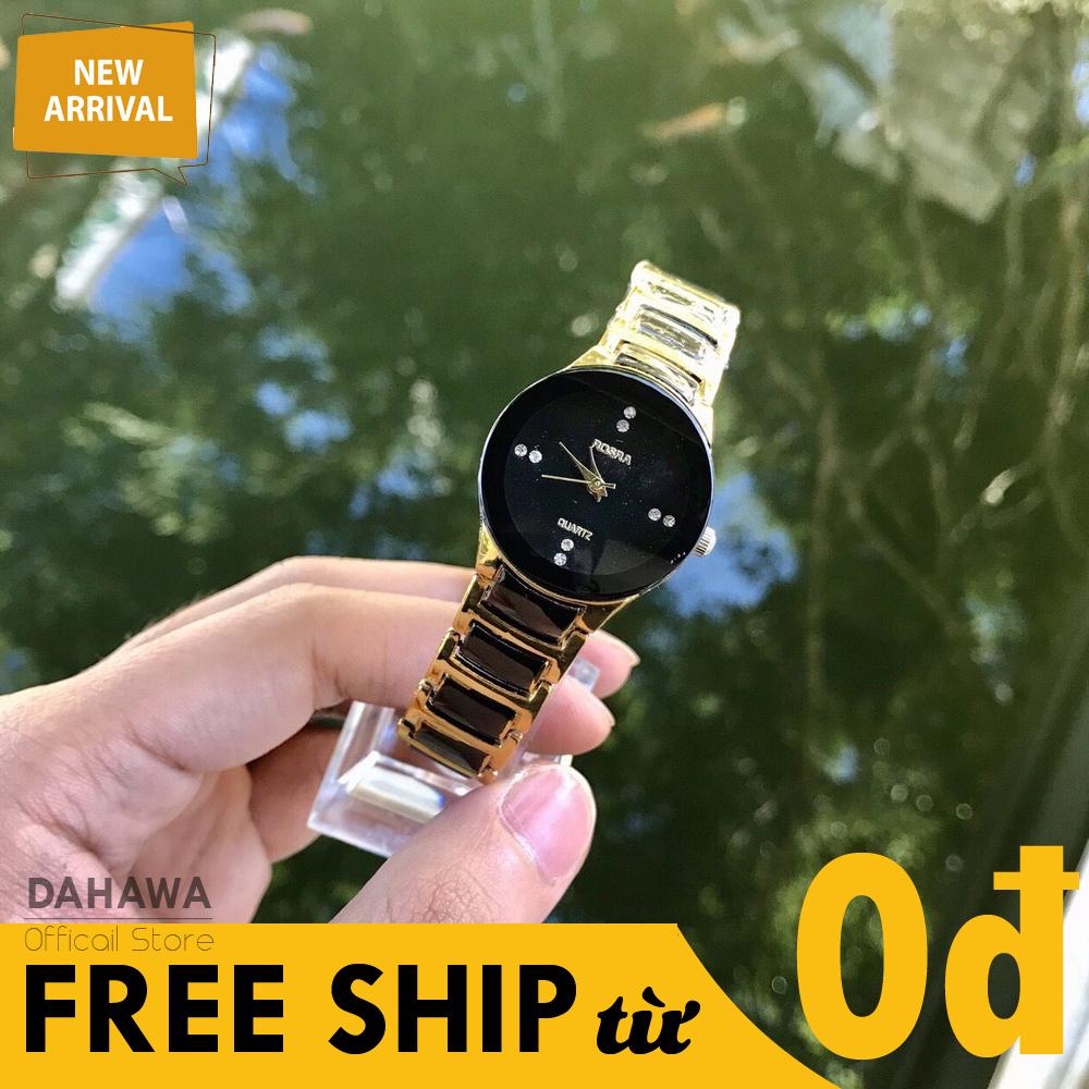 Đồng Hồ Quartz Thời Trang Nam Nữ ROSRA R74, Mặt Tròn Màu Đen Đính Đá Cực Sang, Chạy 3 Kim , Dây Màu Vàng Cực Hot, Chống Nước Sinh Hoạt ( Bảo Hành 6 Tháng)
