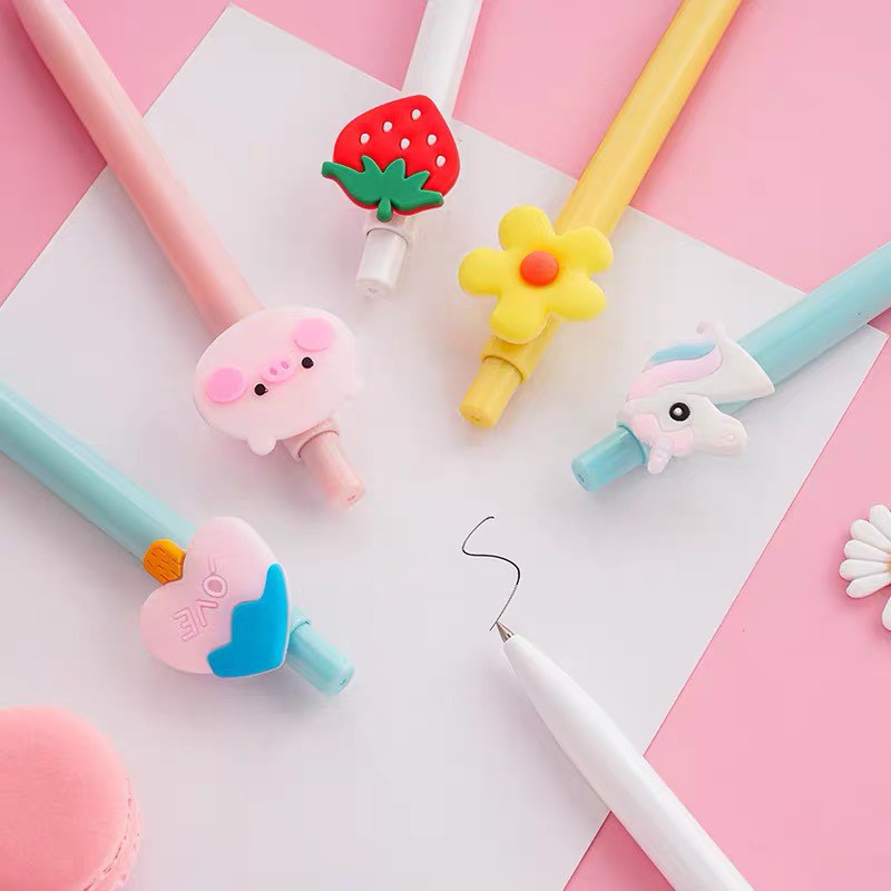Bút bi bấm gel đen gắn icon cute