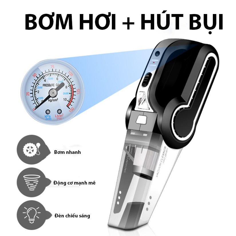 [HCM]Máy Hút Bụi Và Bơm Lốp Ô Tô Công Suất 120W 4 in 1 Bơm/Hút/Đèn Chiếu Sáng/Đồng Hồ Đo Áp Suất Lốp Máy hút bụi kiêm bơm lốp ô tô Máy hút bụi mini cho xe hơi Máy hút bụi xe ô tô Máy hút bụi cầm tay