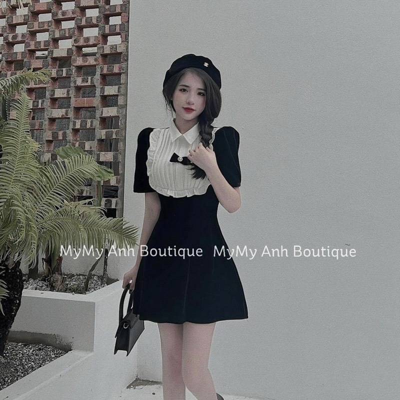 Đầm tiểu thư cổ áo sơ mi thời trang Hàn Quốc dễ thương - váy chữ A phối bèo trắng đính nơ hàng thiết kế cao cấp như hình