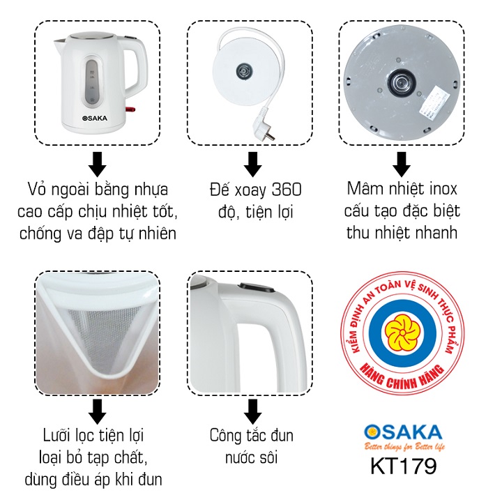Bình đun siêu tốc 1.7 L OSAKA KT179 (Trắng)