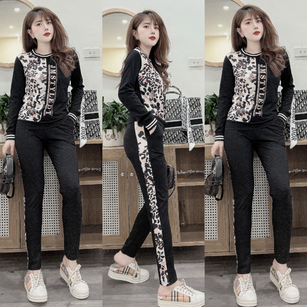 Đồ bộ thun cotton tay dài phối da beo