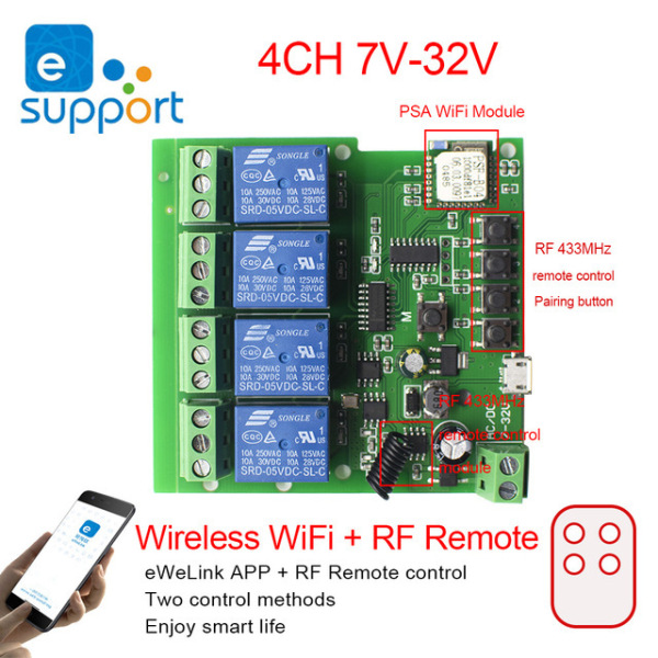 Công tắc thông minh 4 kênh 5-32VDC kết nối Wi-Fi app Ewelink, 433Mhz điều khiển từ xa