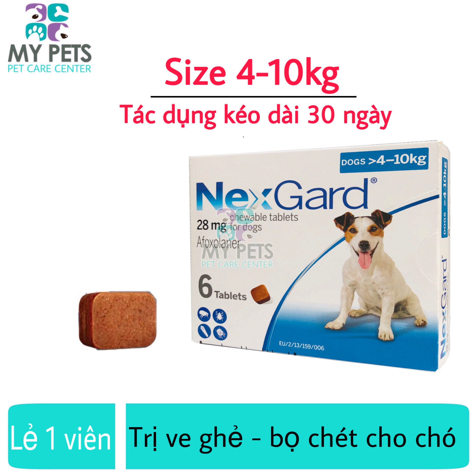 (Lẻ 1 viên - Không hộp) NEXGARD viên nhai ve ghẻ bọ chét cho chó (size 4-10kg. no box)