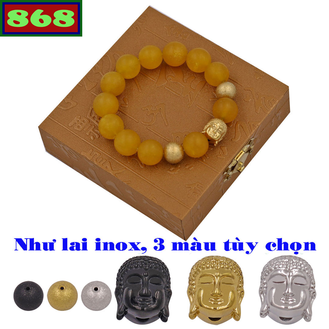 Vòng chuỗi đeo tay thạch anh vàng mờ 14 ly charm đầu Phật như lai và bi inox, vòng tay chuỗi hạt