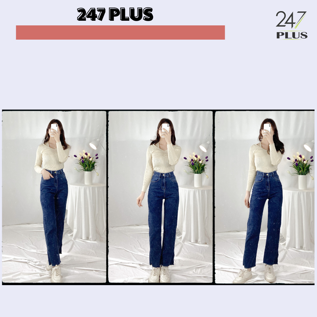 Quần Jean Dáng Suông Xẻ Gấu 2 Màu 247Plus