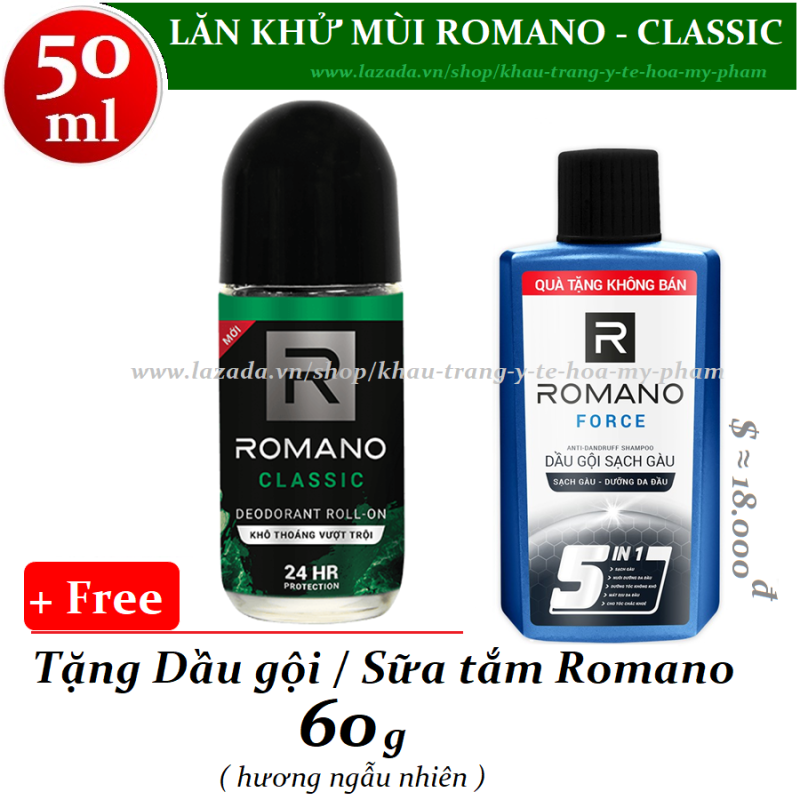 Romano - Lăn khử mùi Classic 50 ml + Tặng dầu gội / sữa tắm 60 g nhập khẩu