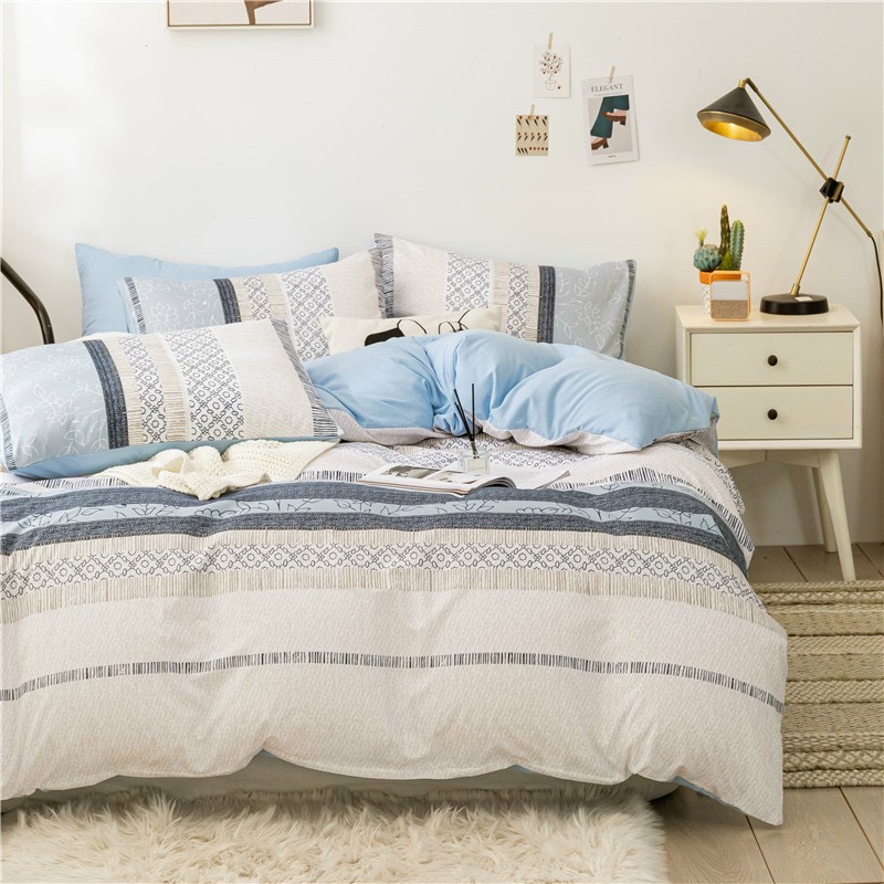 Chăn ga gối cotton poly - Mẫu thổ cẩm xanh