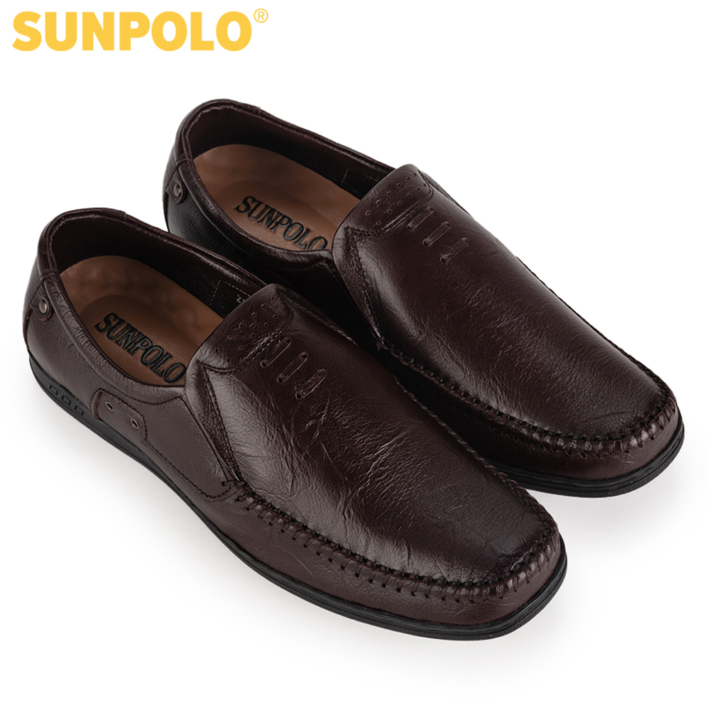 Giày mọi nam da bò SUNPOLO LS2098 (Nâu) Phiên bản mới cải tiến đế giày