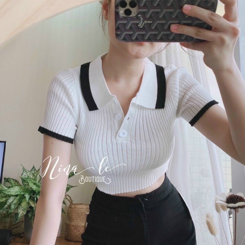 Áo gân cổ bẻ croptop 2 màu , chất thun gân len